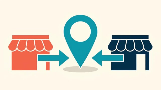 Flat style illustration of a marketplace concept with two storefronts connected by bidirectional arrows, top-down map pin in center