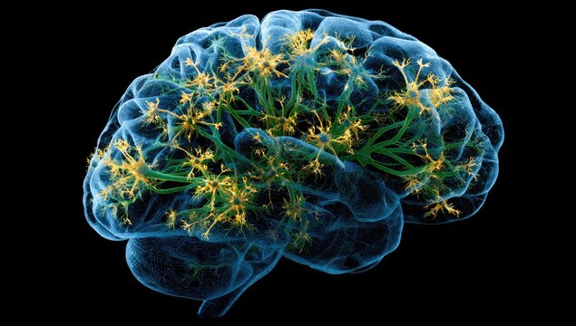 3D rendered brain, neural network highlighted