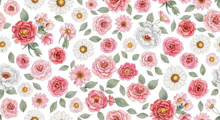 Romantic floral pattern featuring roses and daisies, perfect for elegant designs and feminine projects