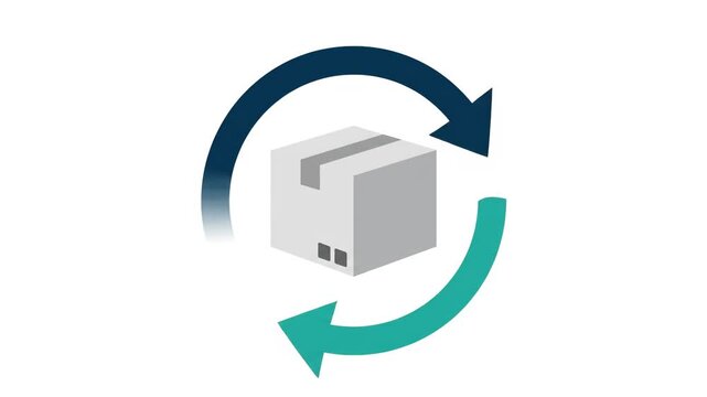 Flat style illustration of a return and exchange concept, two curved arrows encircling an unbranded shipping box