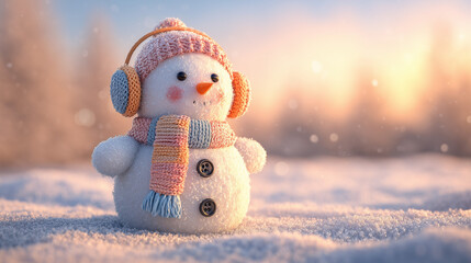 Cute snowman with scarf and earmuffs standing in snowy winter landscape at sunset, symbol of Christmas and holiday season