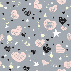 Seamless hand-drawn pattern of hearts, stars, and doodles. For the design of postcards, gift wrapping for Valentine's Day, Mother's Day, birthday.