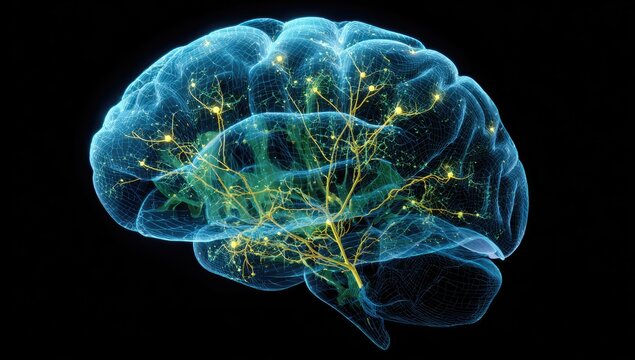 3D render of a translucent brain, highlighting neural pathways - Powered by Adobe