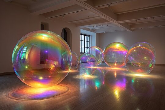 Multicolored, iridescent spheres in a gallery