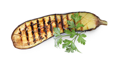 Slice of grilled eggplant and parsley isolated on white, top view