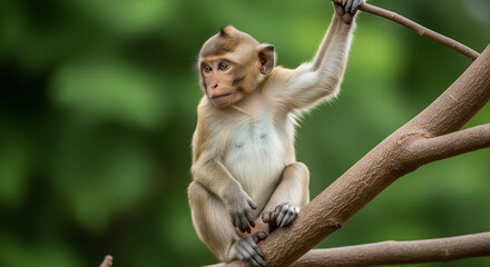 Adorable young wild macaque monkey sitting on a tree branch in a vibrant green forest. Detailed wildlife portrait with soft bokeh.