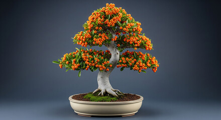 Vibrant orange-berried bonsai tree with a white trunk in an elegant pot, studio shot, perfect for home decor and nature lovers