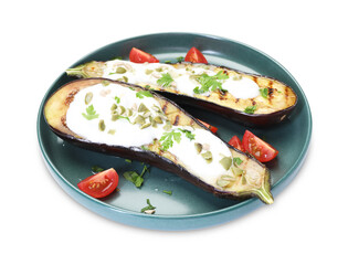 Slices of grilled eggplant with pumpkin seeds and yoghurt isolated on white