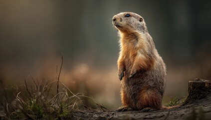 Prairie dog, alert and upright, bathed in soft light