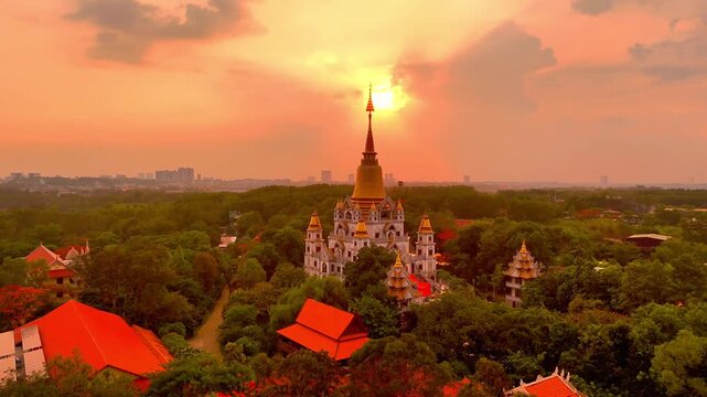 Aerial view of Buu Long Pagoda in Ho Chi Minh City. A beautiful buddhist temple hidden away in Ho Chi Minh City at Vietnam. Travel and landscape concept
