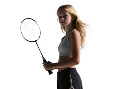 Young woman holding badminton racket, looking towards the viewer, isolated on white.