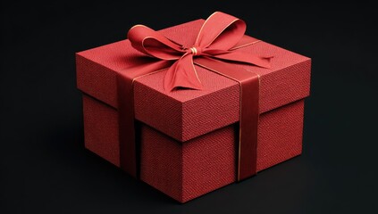 Obraz premium Red gift box with a gold ribbon bow on a black background