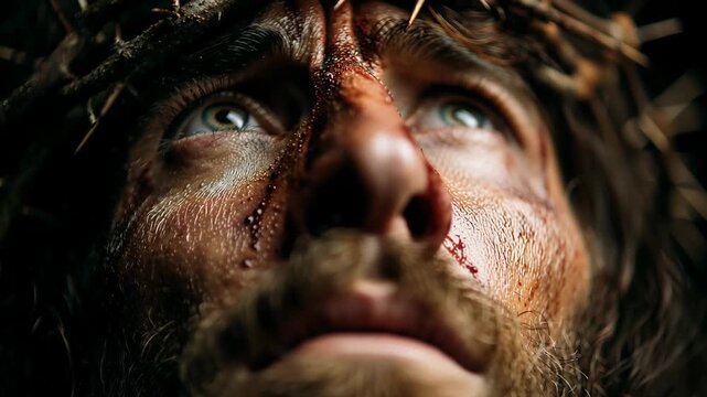 Suffering Jesus Christ closeup with crown of thorns cinematic