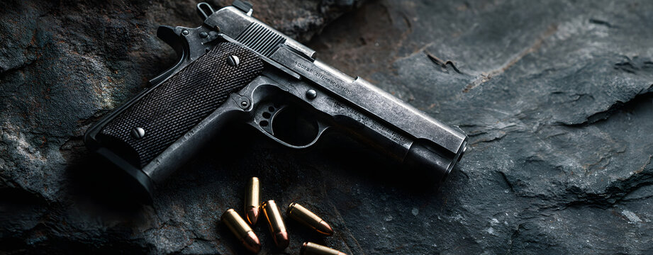 Hand gun banner or panorama pfoto on dark stone tabl top view. Ammunition or bllets at black background.Copy space for text concep.