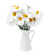 Beautiful chamomile flowers in vase isolated on white