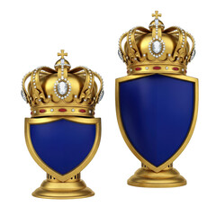 Two ornate golden crowns adorning blue shield emblems isolated on transparent background