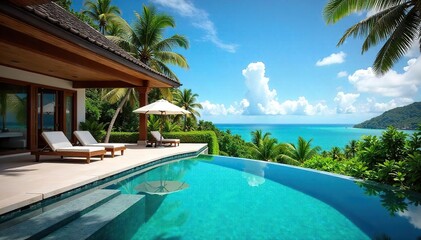 Obraz premium Luxury villa with private pool, stunning ocean views, and lush tropical gardens Perfect for a relaxing getaway Enjoy the outdoor patio, BBQ, and tranquil surroundings , pool, garden