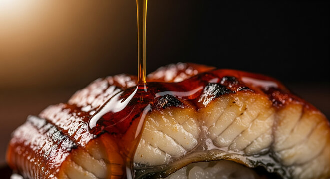 Pouring Sweet Soy Sauce Glaze on a Grilled Eel Fillet
