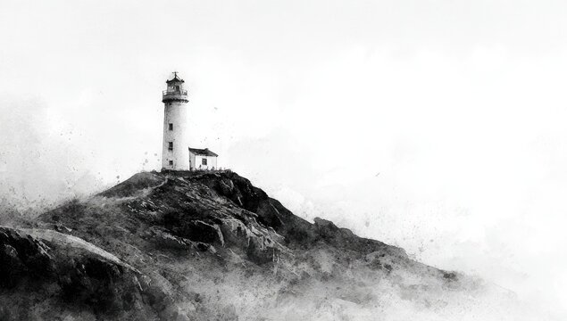 Lighthouse on a misty hilltop