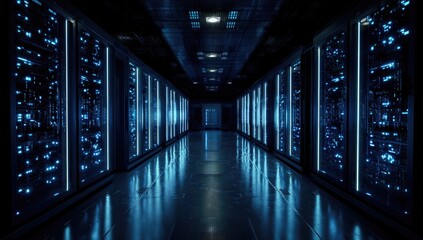 Fototapeta premium Dark, futuristic server room, lit by blue lights