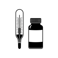 Essential medical supplies a glass thermometer and a prescription bottle symbolizing health and treatment for common ailments