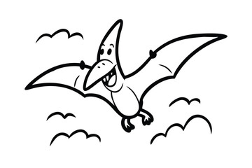 Flying Pterodactyl Coloring Page for Kids. Dynamic Upward View of a Cartoon Dinosaur