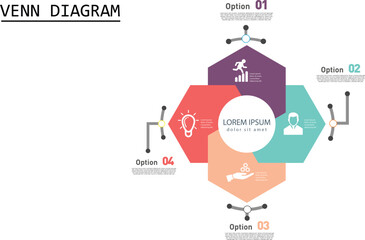 Venn diagram infographic chart template for business , 4 parts, options, presentation with venn diagram elements vector illustration