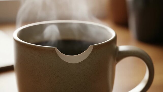Aesthetic Close-Up of a Steaming Coffee Cup with Unique Design Features Showcasing the Serenity of Morning Rituals and Cozy Ambiance