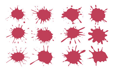 Twelve detailed maroon paint splatters exhibit dynamic shapes on a clean, transparent background