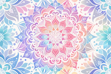 Vibrant pastel mandala pattern evoking peace, spirituality, and harmonious design for wellness and yoga.