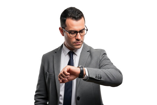 Punctual businessman in a formal grey suit and glasses looking at his wristwatch.