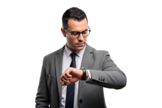 Punctual businessman in a formal grey suit and glasses looking at his wristwatch. - Powered by Adobe