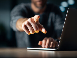 man is interacting with laptop, pointing towards invisible screen, showcasing focus and engagement in modern workspace