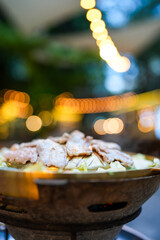 Thai Barbecue on the hot pan, Moo Ka Ta. Selective focus
