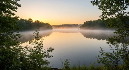 Obraz premium Tranquil morning scene unfolds as golden light illuminates a calm lake, with soft mist gently rising from the water's surface, reflecting the serene sky, framed by lush natural foliage