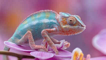 Fototapeta premium Vibrant chameleon perched on orchid