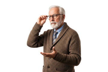 Thoughtful senior man with a white beard and glasses gesturing while explaining a concept.
