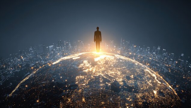Silhouette figure stands atop a glowing earth, city lights illuminate the globe - Powered by Adobe