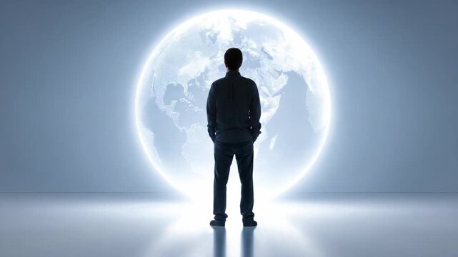 World View: A person stands before a glowing representation of the world, silhouetted against the radiant globe. It creates a dramatic contrast, symbolizing vision, exploration, and global awareness.