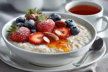 and keywords based on the image

 Oatmeal Topped with Berries and Honey Served with Tea on Tabletop
