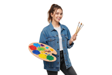 Happy young female artist in a denim jacket holding a colorful paint palette and brushes.