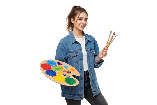 Happy young female artist in a denim jacket holding a colorful paint palette and brushes.