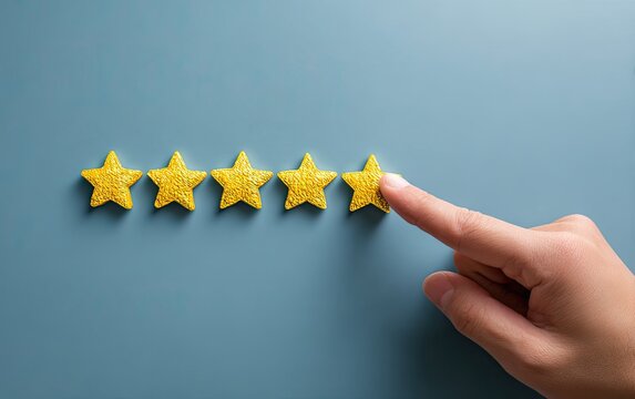 A hand pointing at a row of five yellow stars