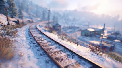 Snowy Train Tracks Through Winter Mountain Village Landscape