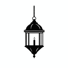 Decorative hanging lantern with a burning candle and chain silhouette