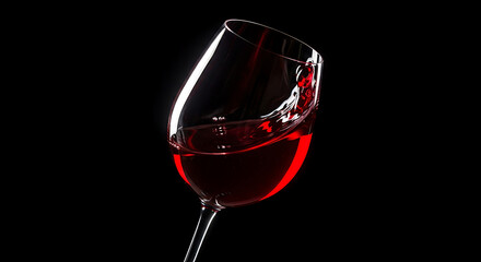 Close-up of rich red wine splashing inside a tilted wineglass against a stark black background.