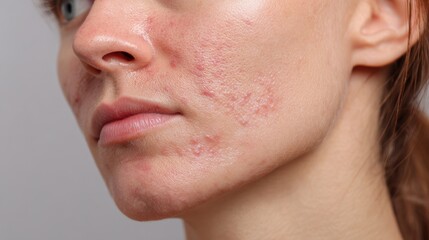 Obraz premium acne on woman face with rash skin, scar, and red skin syndrome allergic to cosmetics, use steroids, dermatology, inflammation, infection, hygiene