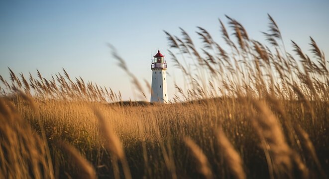 Lighthouse in tall grass at sunset.