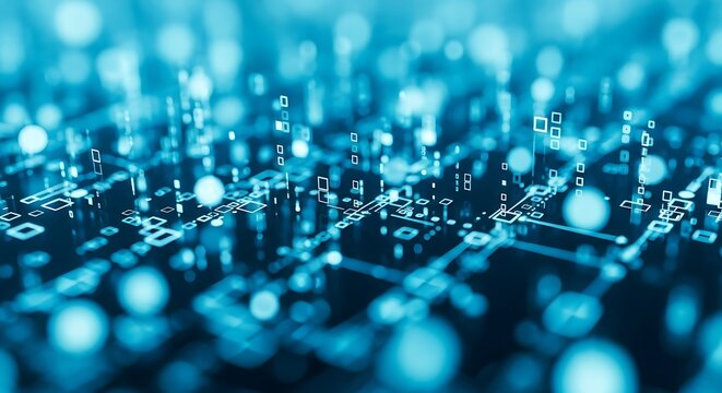 Abstract blue digital background with glowing lights and circuit board pattern