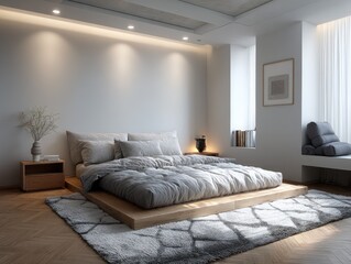 Fototapeta premium and keyword list based on the image you providedBedroom Bed on platform with plush rug, light walls, window seat in bright space.